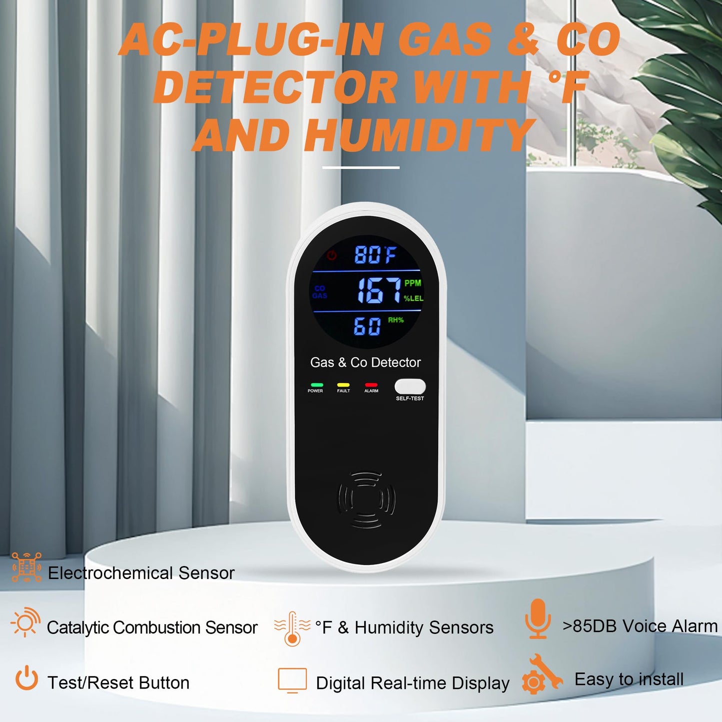 3 Packs Plug in Gas & Carbon Monoxide Detector, 4-in-1 Carbon Monoxide Alarm,Fahrenheit(°F) & Humidity,Natural Gas Detector,Methane,Propane & CO Detector for Home,RV,Apartment