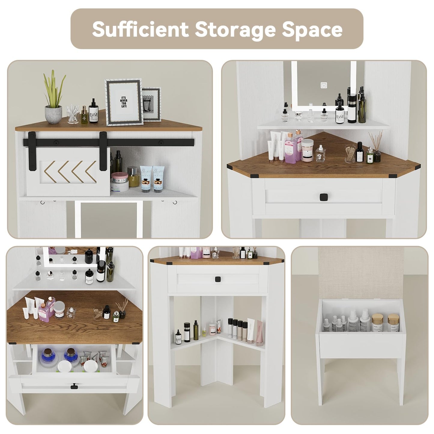ARTETHYS Small Vanity Desk Set with Lights and Mirror Makeup Vanities with Drawers for Corner Space White Farmhouse Make up Dressing Table with Storage Stool for Bedroom
