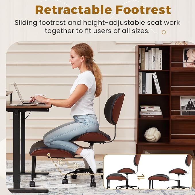EROMMY Criss Cross Chair with Wheels Retractable footrest, Wide and Thickened ADHD Chair, Ergonomic Cross Legged Kneeling Desk Chairs for Meditation Yoga, Black & Brown