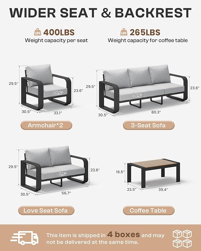 Aluminum Outdoor Patio Couch, 3 Seats Oversized Patio Sofa with Widened Armrest & Ultra-Thick Cushions, Deep Seating Modern Patio Furniture for Backyard, Deck, Gray