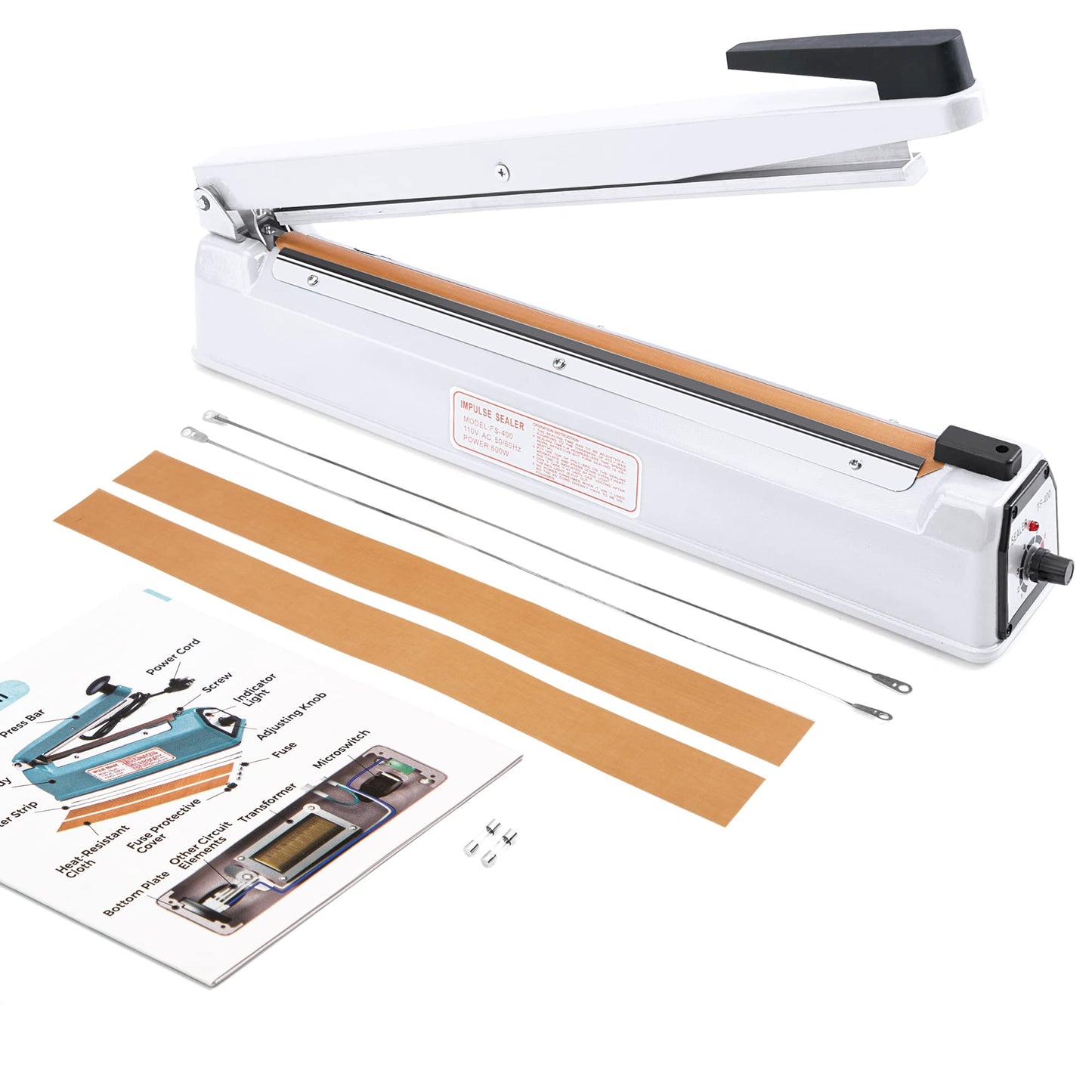 Metronic 16 inch Impulse Sealer, Manual Heat Sealer Machine for Plastic bags, Shrink Wrap Bags Sealer Heavy Duty Sealing Machine with Repair Kit, White