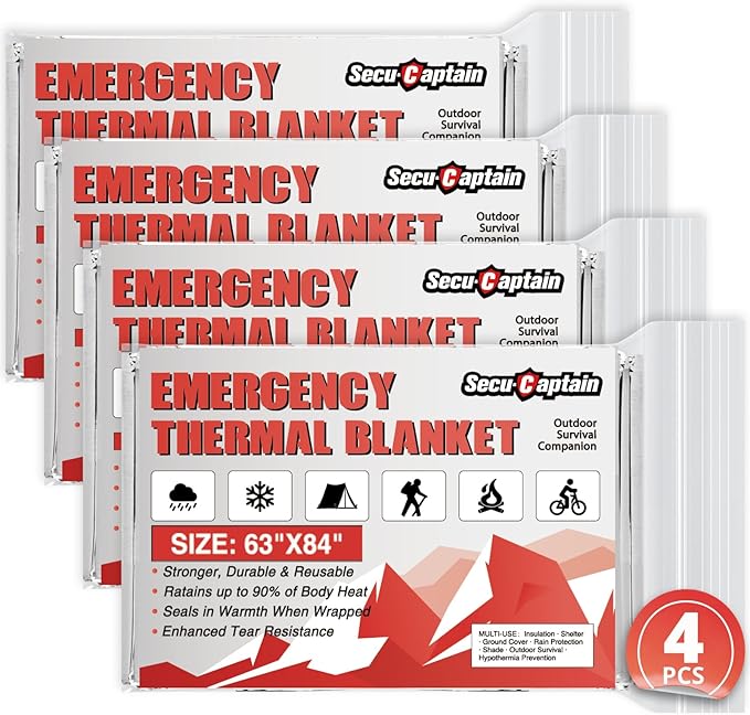 SecuCaptain Survival Emergency Thermal Blankets: Extra Large 84” x63” Space Mylar Blanket Kit for Outdoor Cold Winter Camp...