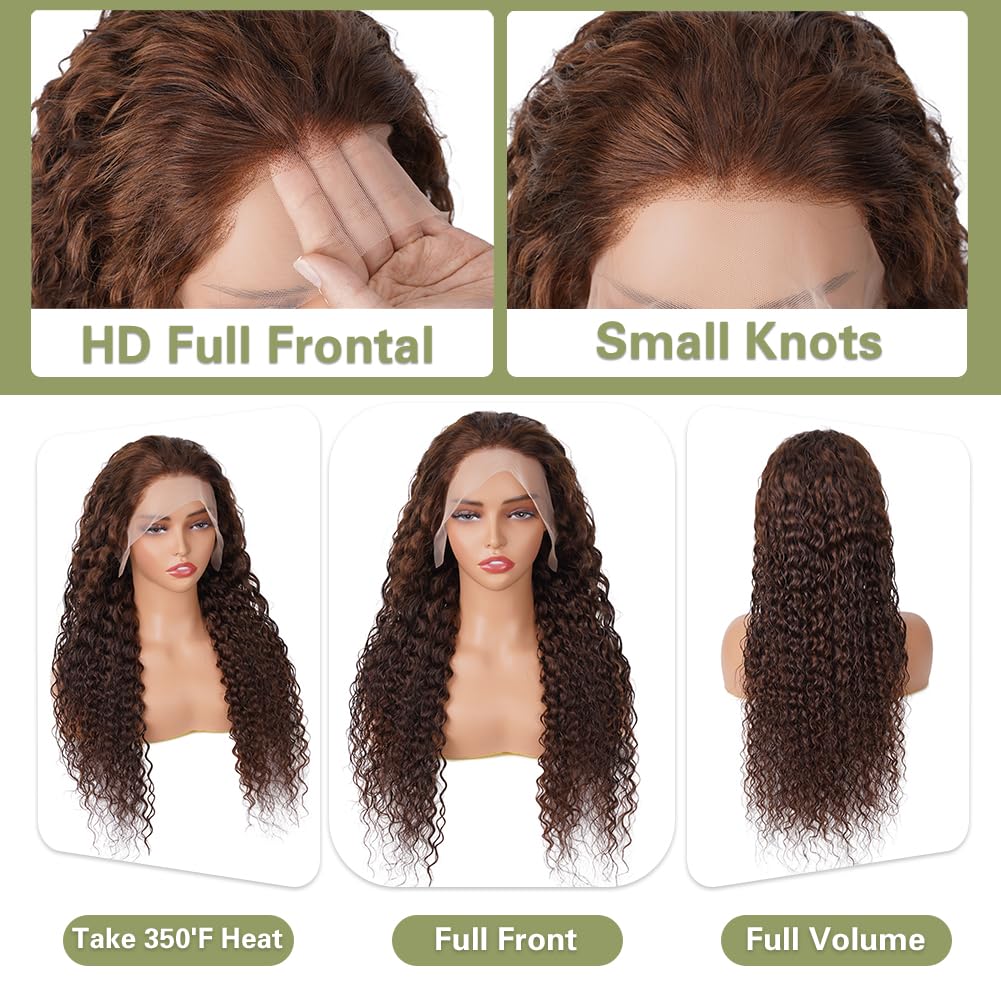 32 Inch Chocolate Brown Lace Front Wig Human Hair Pre Plucked Water Wave Lace Front Wigs Human Hair 180% Density Wet And Wavy 13