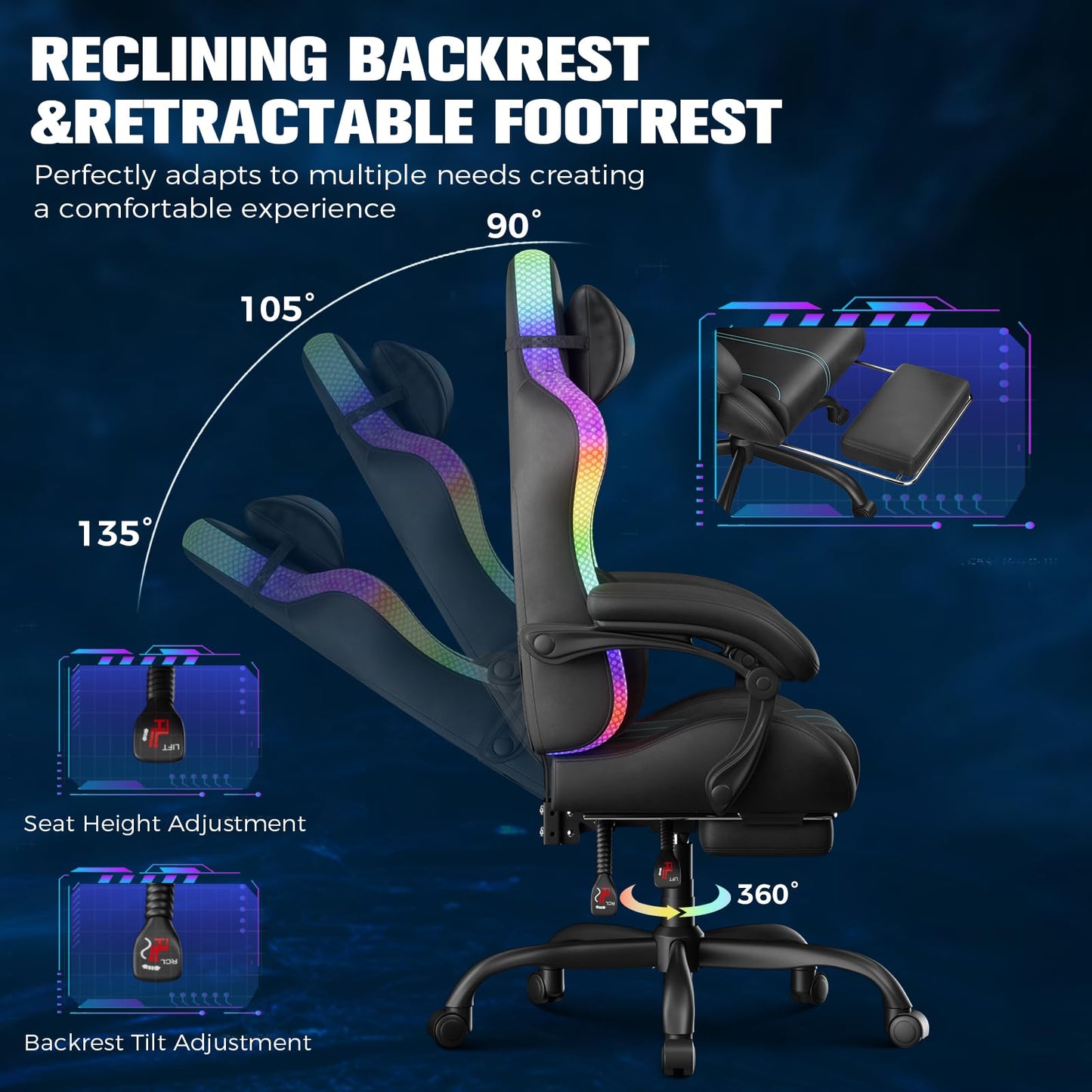 GTPLAYER Gaming Chair with Speakers, Computer Chair with RGB LED Lights, High Back Ergonomic Chair for Adults with Footrest, Reclining Office Chairs, Linkage Armrest, Black Blue
