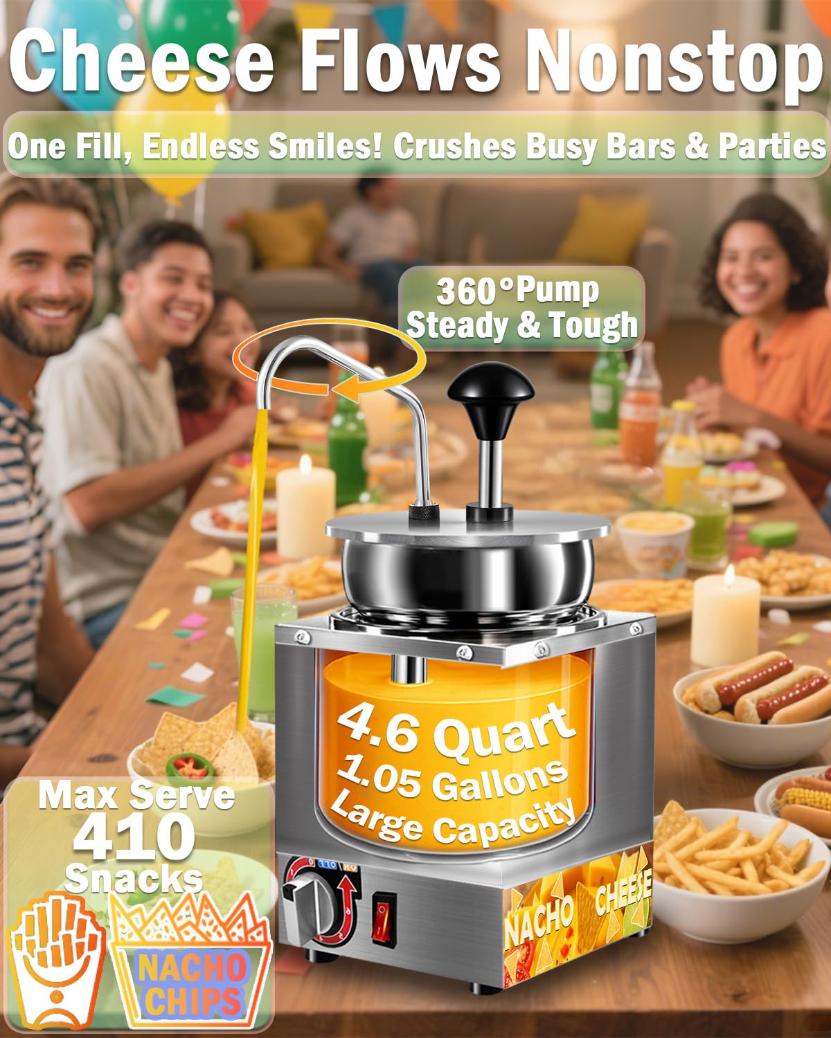 Nacho Cheese Dispenser, 4.6 Qt Nacho Cheese Warmer with Stainless Steel Pump, Hot Fudge Warmer with 6-Level Temperature Adjustment, Commercial Sauce Dispenser Machine for Butter Cheese Caramel Syrup