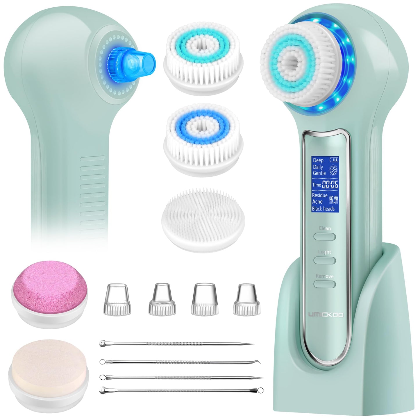 UMICKOO Face Scrubber Exfoliator,Facial Cleansing Brush Waterproof with LCD Screen,Blackhead Remover Vacuum with 5 Brush Heads,F