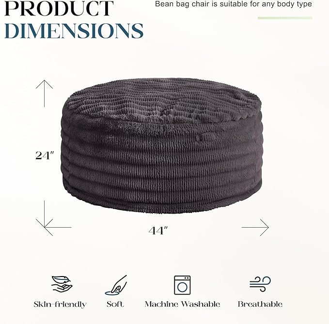 Hobestluk Bean Bag Chairs Beanbag Chair with Filler Adult Bean Bags with Fluffy Ripple Cover, Giant Bean Bag Chairs for Adults (Dark Grey, 4FT - 44" x 44" x 24")