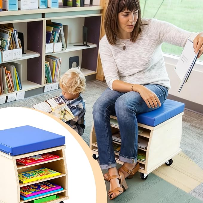 Geelin Mobile Teacher Stool with Storage Tools Natural Birch Wood Teacher Chair with Comfortable Foam Seat and 4 Locking Casters for School Supplies Books Daycare Preschool Classroom