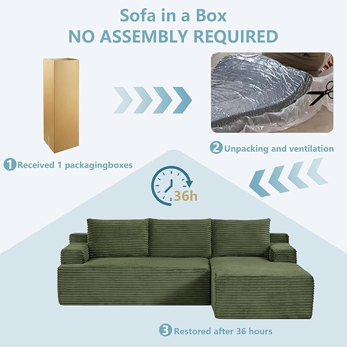 96" Cloud Sectional Couch with L-Shape Chaise, Modern Corduroy Boneless Couch for Living Room,Memory Foam Sofa with Deep Seat,No Assembly Required (Green,Right-Facing Chaise)