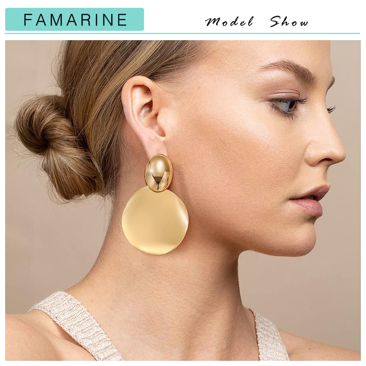 FAMARINE Gold Big Disc Statement Earrings Smooth Round Hammered Dangle Earrings for Women Earrings Fashion Jewelry