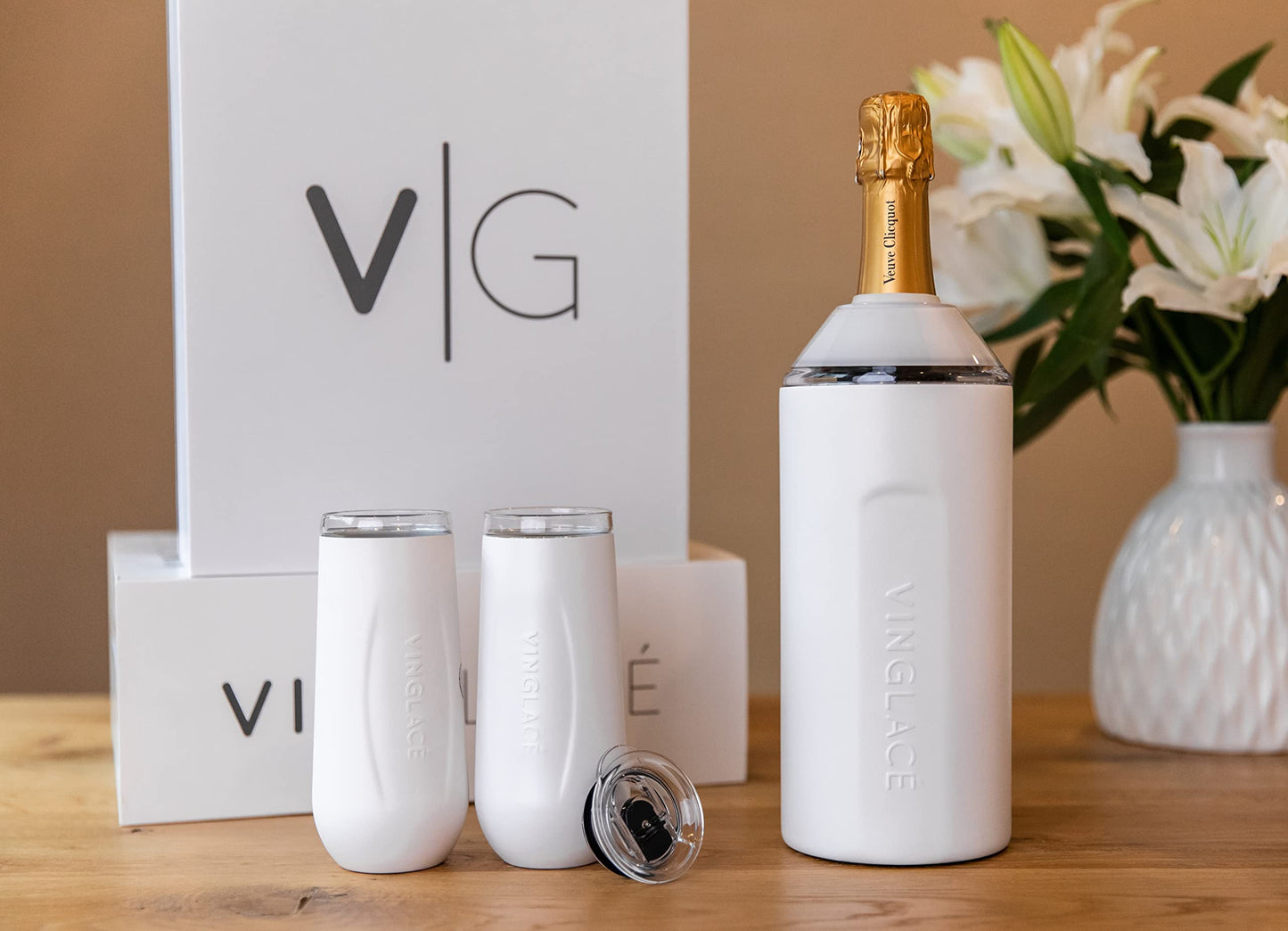 Vinglacé Champagne Bottle Chiller Gift Set- Portable Stainless Steel Sparkling Wine Cooler with 2 Stemless Champagne Flutes, White