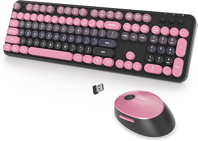 Wireless Keyboard and Mouse Set, Retro Typewriter, 2.4GHz Full Size 104-Key Cute Keyboard with Number Pad, Colorful with Round Keycaps for Windows PC Laptop(Berry Powder)