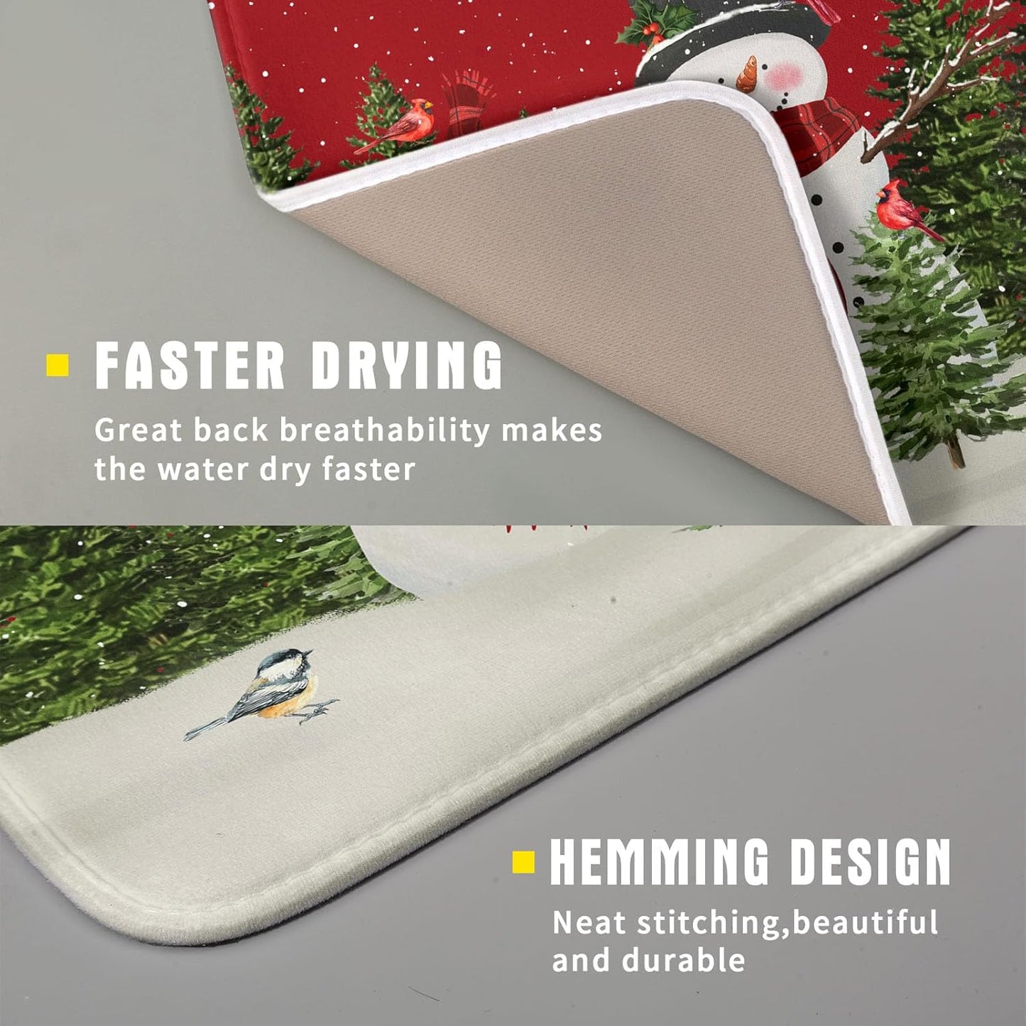 Christmas Dish Drying Mat for Kitchen Counter Red Xmas Snowman Trees Birds Drying Mat 16x18 Inch Winter Holiday Absorbent Dish Drainer Mat Christmas Kitchen Accessories