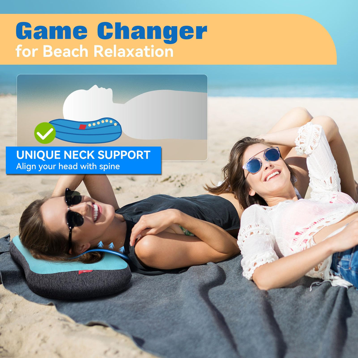 Hikenture Beach Pillow for Sand, Washable Inflatable Pillows for Pool, Portable Camping Pillows with Removable Cover, Soft Air Sand Pillow Built-in Sandbag for Backpacking, Beach Chair