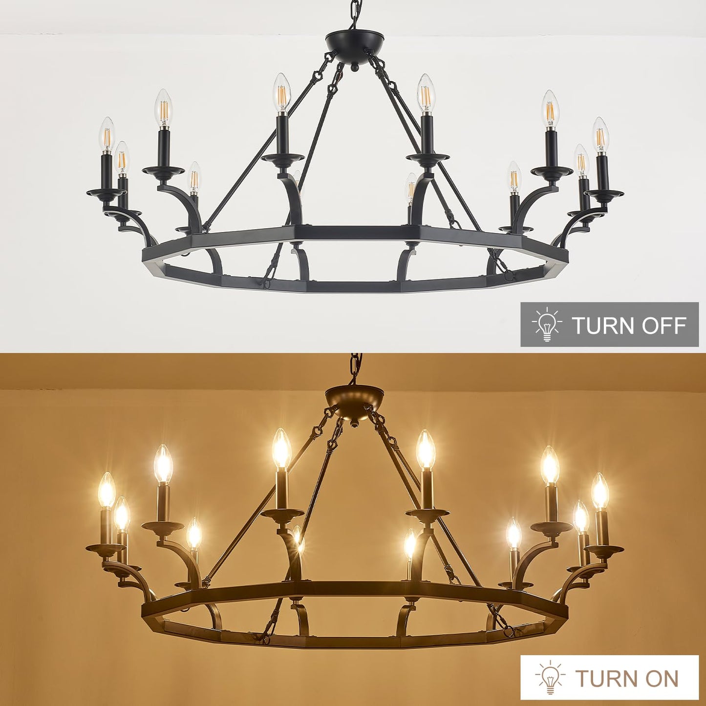 brfaixla 43'' Wagon Wheel Chandelier 12 Lights Industrial Black Metal Ceiling Pendant Chandelier Rustic Hanging Lights Adjustable for Kitchen, Living Room, Dining Room, Entryway, E12 Base