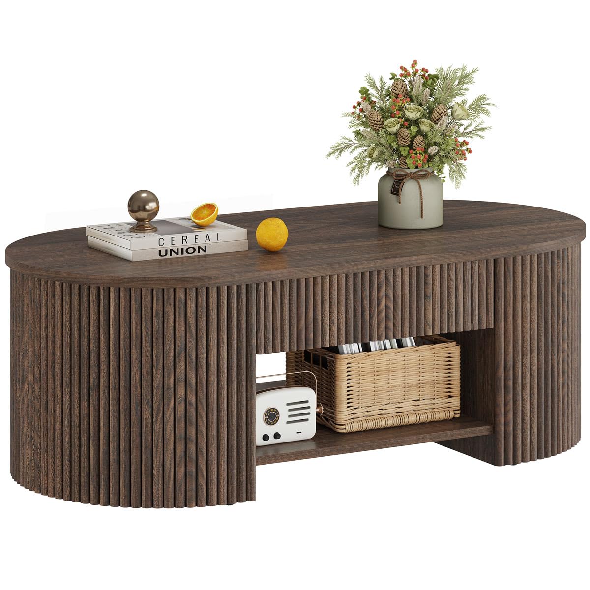 FATORRI Coffee Table with Storage, Mid Century Modern Wood Fluted Center Table with Shelf, Oval Coffee Tables with Drawer (Dark Walnut, 43.31 Inch)