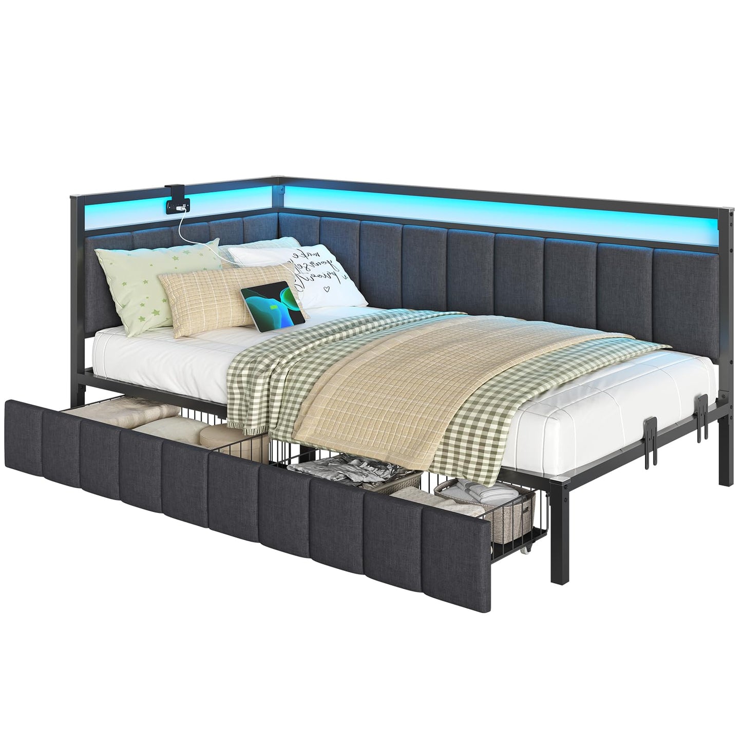 DICTAC Twin XL Bed Frame with 2 Storage Drawers and Charging Station Twin XL Size Platform Corner Bed Frame with Led Lights and Upholstered Guardrail Daybed for Living Room,Bedroom and Guest Room,Gray