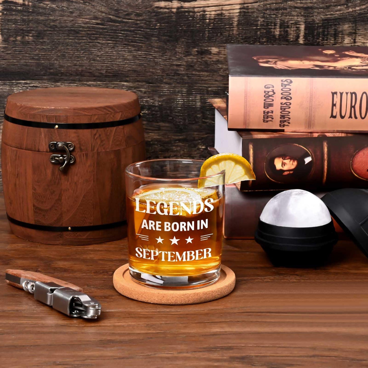 Futtumy Legends Are Born In September, 10 Oz Whiskey Glass with Wooden Barrel, Birthday Gifts for Men, September Birthday Gifts, 40th 50th 60th Mens Birthday Gift Ideas for Dad Grandpa Husband Son