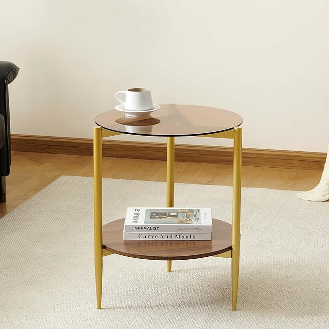 Pine Flicker Round End Table, Mid-Century Modern Design, D20*H23 inch, for Living Room, 2-Tier Structure, Amber Glass Top and Walnut MDF Shelf, Sleek Conical Metal Legs with Gold Finish