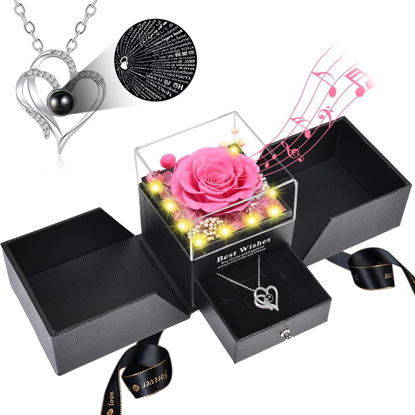 Pasuvsigt Gifts for Women - Preserved Real Rose with I Love You Heart Necklace, 100-Language LED Music & Lights, Romantic Birthday/Anniversary/Thanksgiving for Women and Girlfriend