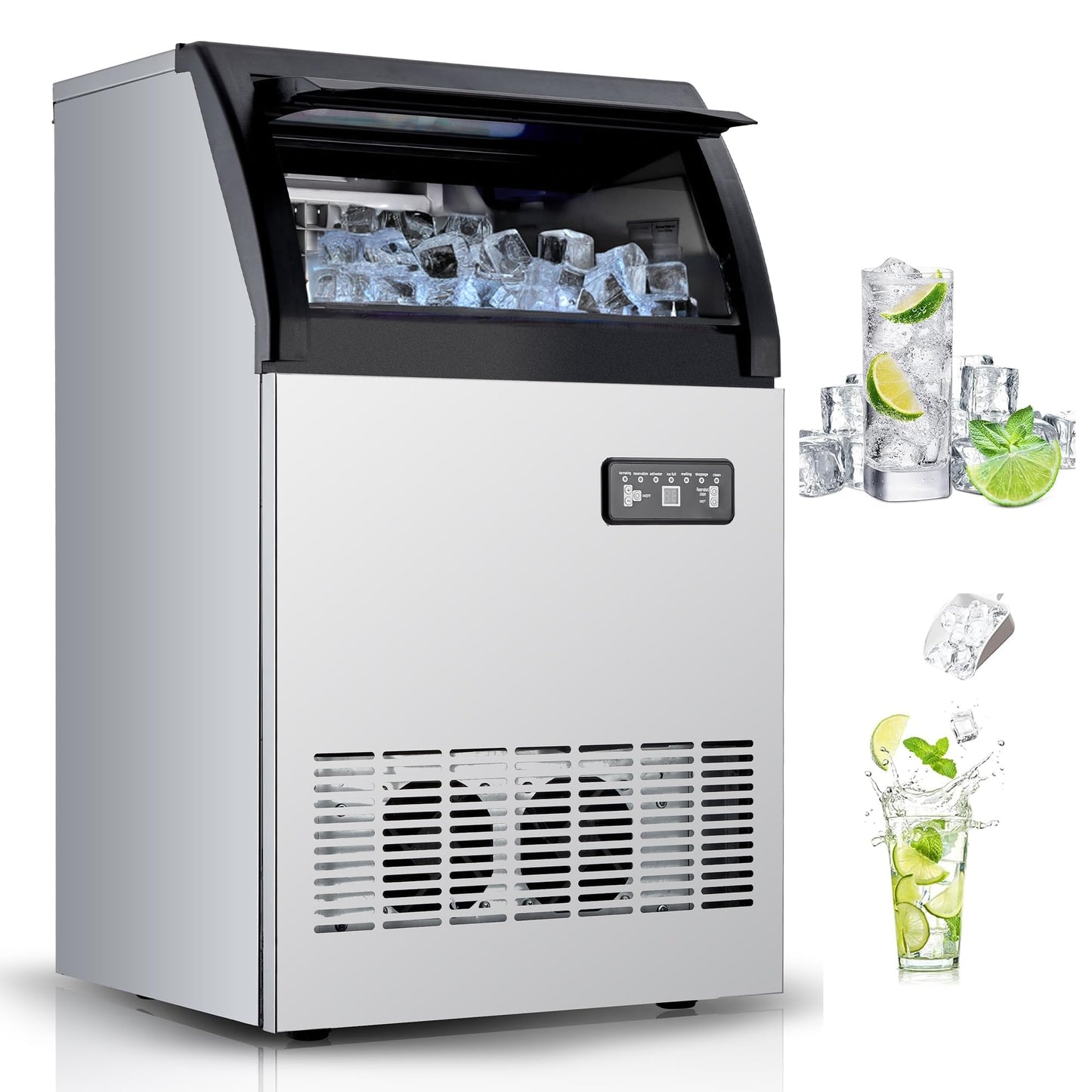 Commercial Ice Maker Machine, 120LBS/24H Undercounter Stainless Steel Ice Maker with Dual Inlet, 33LB Storage Capacity, Standalone Ice Maker for Bar, Restaurant, Home Kitchen