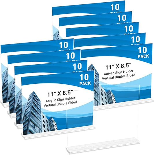 10 Pack Acrylic Sign Holder 11 x 8.5 Horizontal, Double-Sided Clear Sign Holder Plastic Stands for Display, T Shape Acryli...