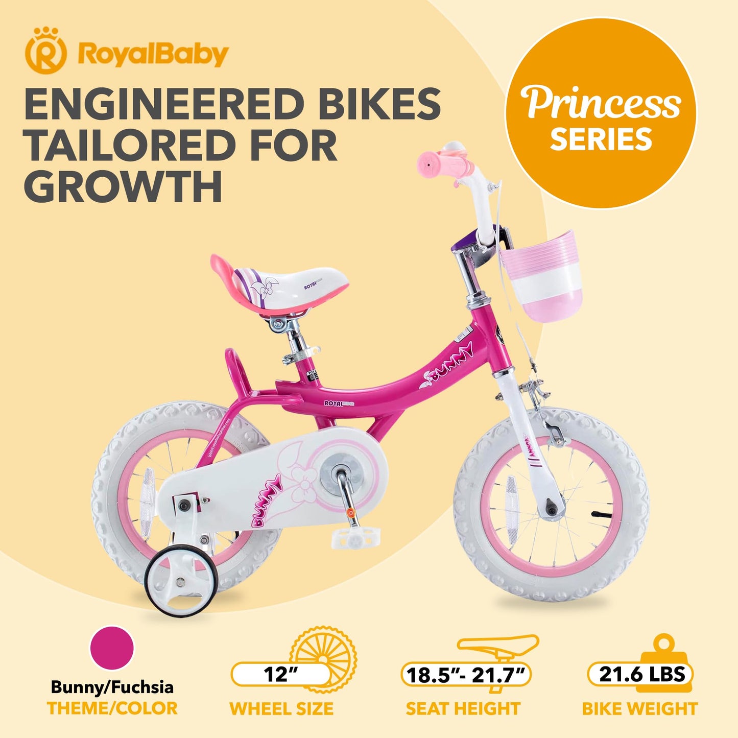RoyalBaby Princess Girl Children's Bicycle Outdoor Ride-On Bike with Training Wheels, Adjustable Seat, and Basket, 12 Inch, Bunny/Fuchia