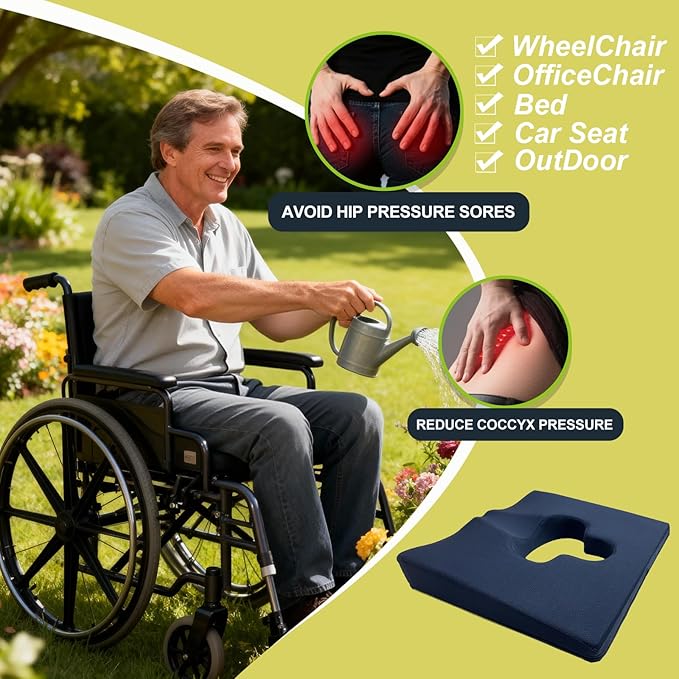 Rivquvi Gel Wheelchair Seat Cushion,Bed Sore Cushions for Butt,hemorrhoid pillow for Chair,Pressure Sore cushion,Memory Foam Butt Pillow,Sciatica,Coccyx,Pressure Ulcer Pain Relief,Washable Cover(Blue)