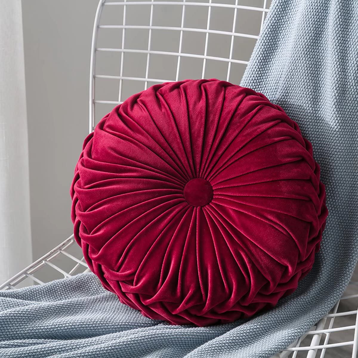HLOVME Round Velvet Pillow for Couch Small Handmade Decorative Throw Pillow for Bed Bedroom 13.7” Wine Red