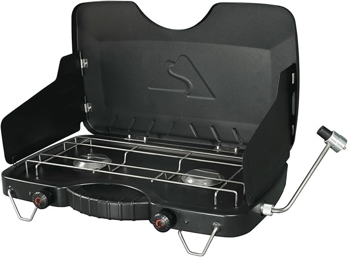 Ozark Trail 2 Burner Propane Gas Camping Stove, Portable Outdoor Cooking Stove, Adjustable Heat Control, Wind Block Panel...