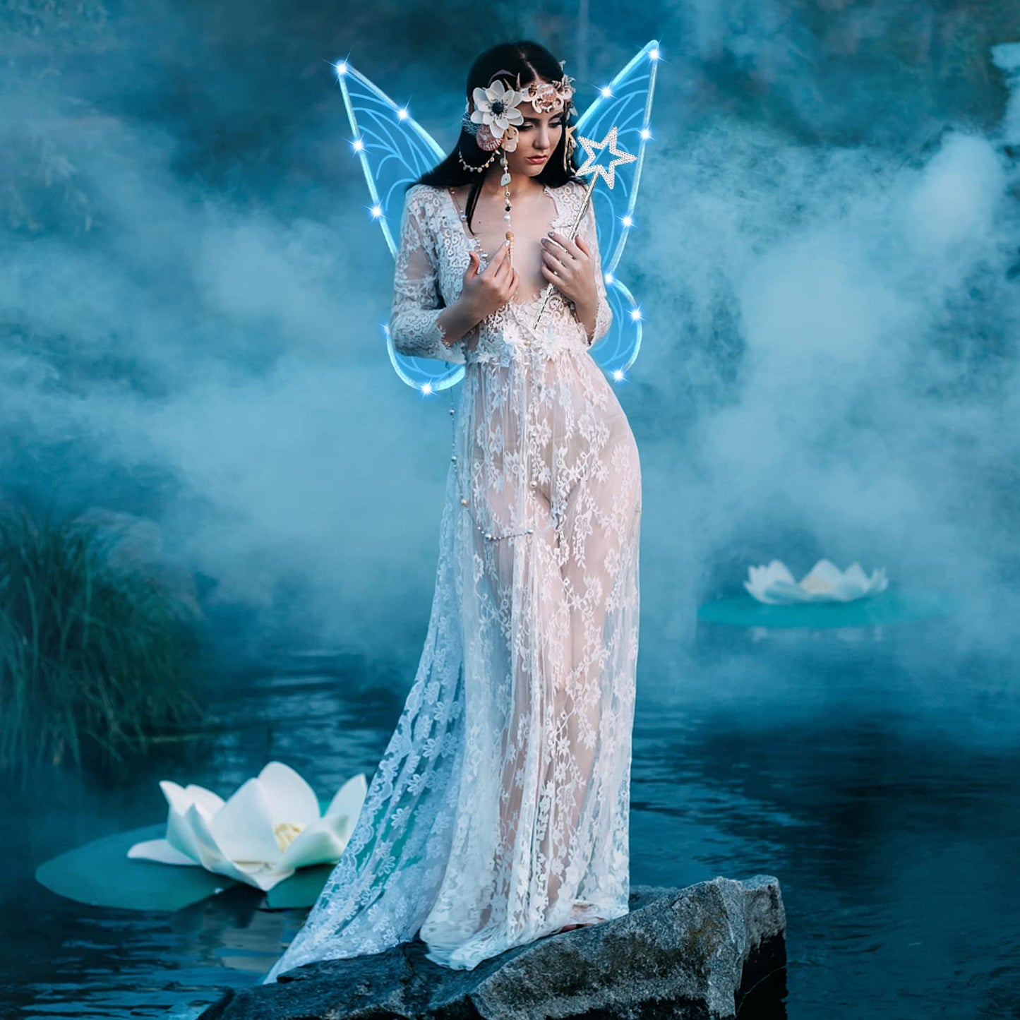 U-Goforst Light Up Fairy Wings for Adults- Butterfly Wings for Girls Women, Halloween Costume Cosplay Dress Up, Sparkly LED Wings with Wand, Blue with Blue Light