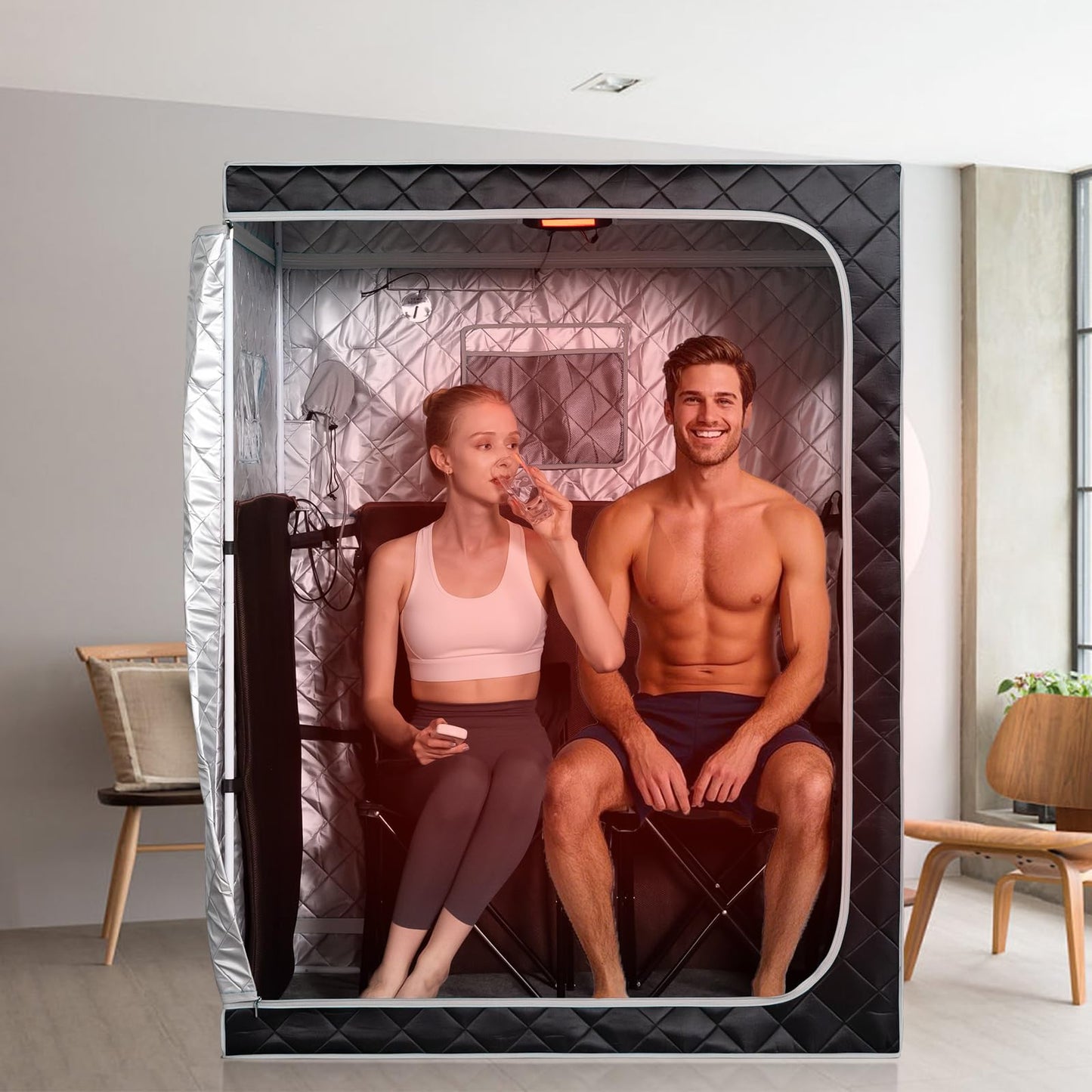 Full Size Two Person Far Infrared Sauna with Ice Bath Tub, Portable Home SPA with Time & Temperature Remote, Chairs, Light, Oversized 2 Person Privacy Saunas, Portable XL Large Cold Plunge Tub