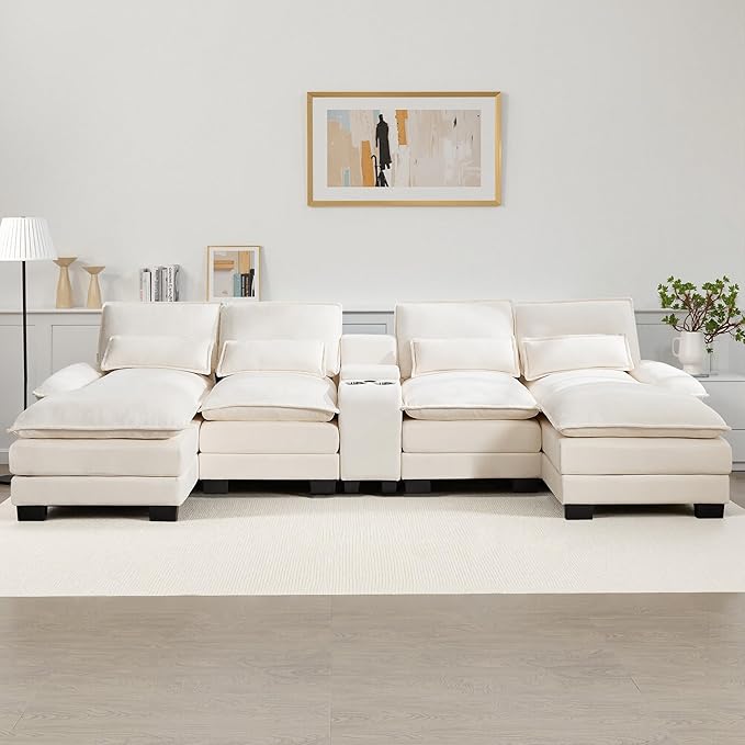 125" U Shaped Cloud Modular Sectional Couch for Living Room, Small Comfy Chenille Sofa with Double Chaise Lounge, Storage Central Console, Cup Holders, USB Port,Beige