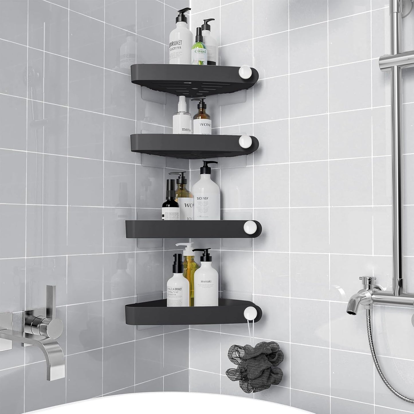 Sotfamily Shower Caddy Corner, 4 Pack Adhesive Corner Shower Shelves for Bathroom Organizers and Storage, Rust Free Plastic Rack for Bathroom Accessories & Decor, Black