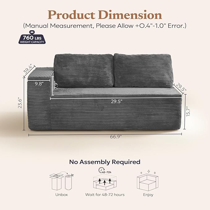 Furnify Loveseat Sofa, Cloud Modular Sofa Couch, Upholstered Floor Sofa with Deep Seat, Upholstered Foam Couch for Bedroom Living Room, No Assembly Required (Plush Corduroy Fabric, Grey)