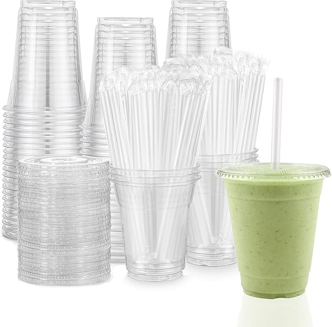 TashiBox[100 sets 12 oz plastic cups with lids and straws disposable, lemonade stand supplies,coffee essentials,smoothie cups