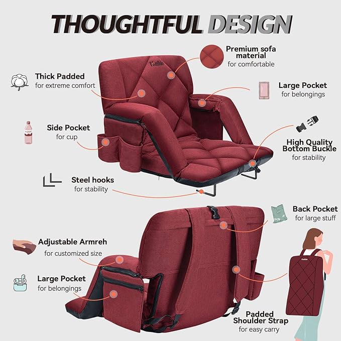 25inch Extra Wide Stadium Seat, Thick Bleacher Chair with Back Support and Cushion, 6 Reclining Positions Bleacher Seat with Armrest, Upgrade Sofa Style Stadium Chair for Sport Events and Outdoors