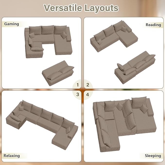 Cloud Sectional Couch with L-Shape Chaise, Modern Modular Comfy Sofa with Deep Seat, Upholstered Corduroy Couches Stupendous U Shaped Sofas for Living Room Bedroom, No Assembly Required, Camel
