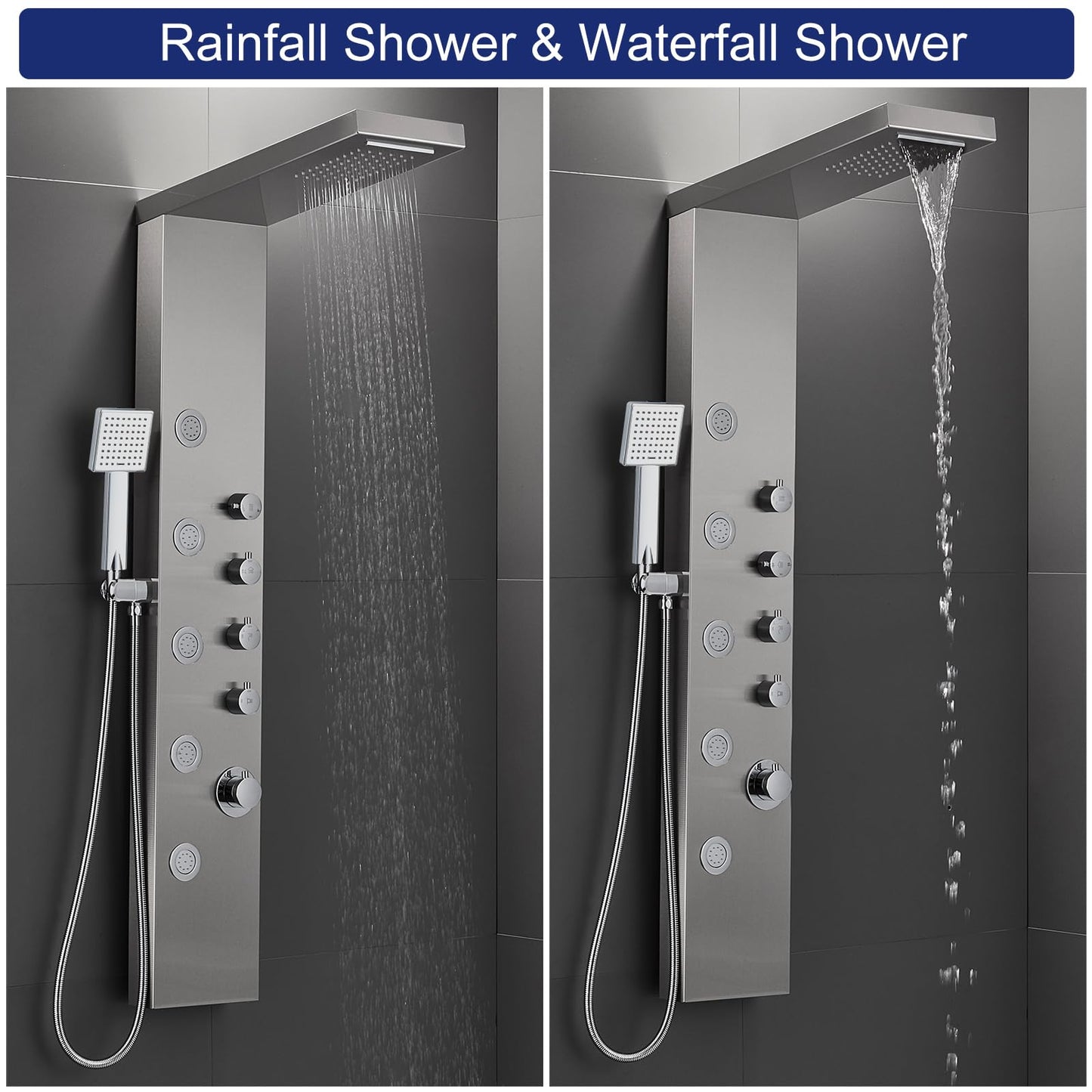 ROVATE Rainfall Waterfall Shower Tower Panel System, 304 Stainless Steel Bathroom Shower Panel Tower with 5 Body Sprays and Flexible Handheld Shower, Shower Column Wall Mount, Delicate Brushed Finish