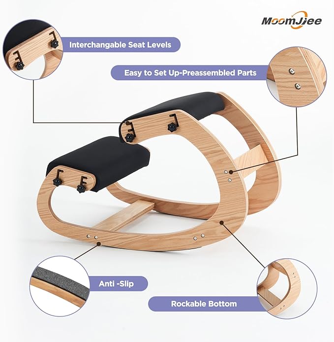 MoomJiee Ergonomic Kneeling Chair,Adjustable Rocking Knee Chair for Home Office,Wooden Office Chair for Back Pain Relief, Black
