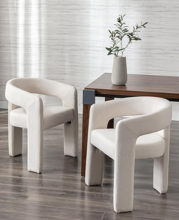 DAYALANE Modern Barrel Dining Chair, Upholstered Accent Kitchen Chair with Arms Comfy Linen Fabric Side Chair for Living Room/Home Office/Reception, Linen Cream