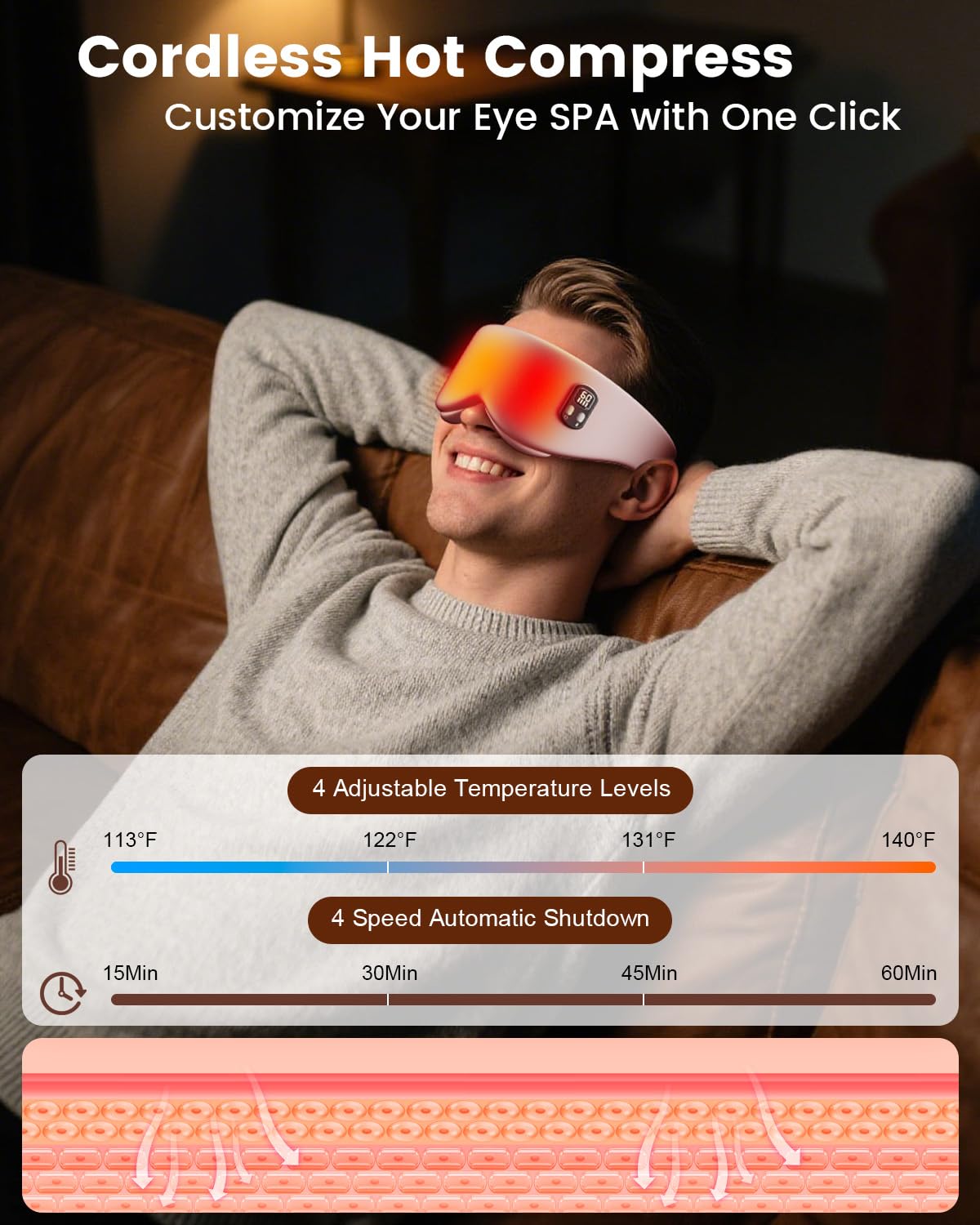 Heated Eye Mask - Cordless Eye Mask for Dry Eyes, Eye Relief, Improved Sleep, Timed Shutdown, 4 Temperature, Washable Eye Heating Pad for Travel, Removable for Cleaning - Dark Pink