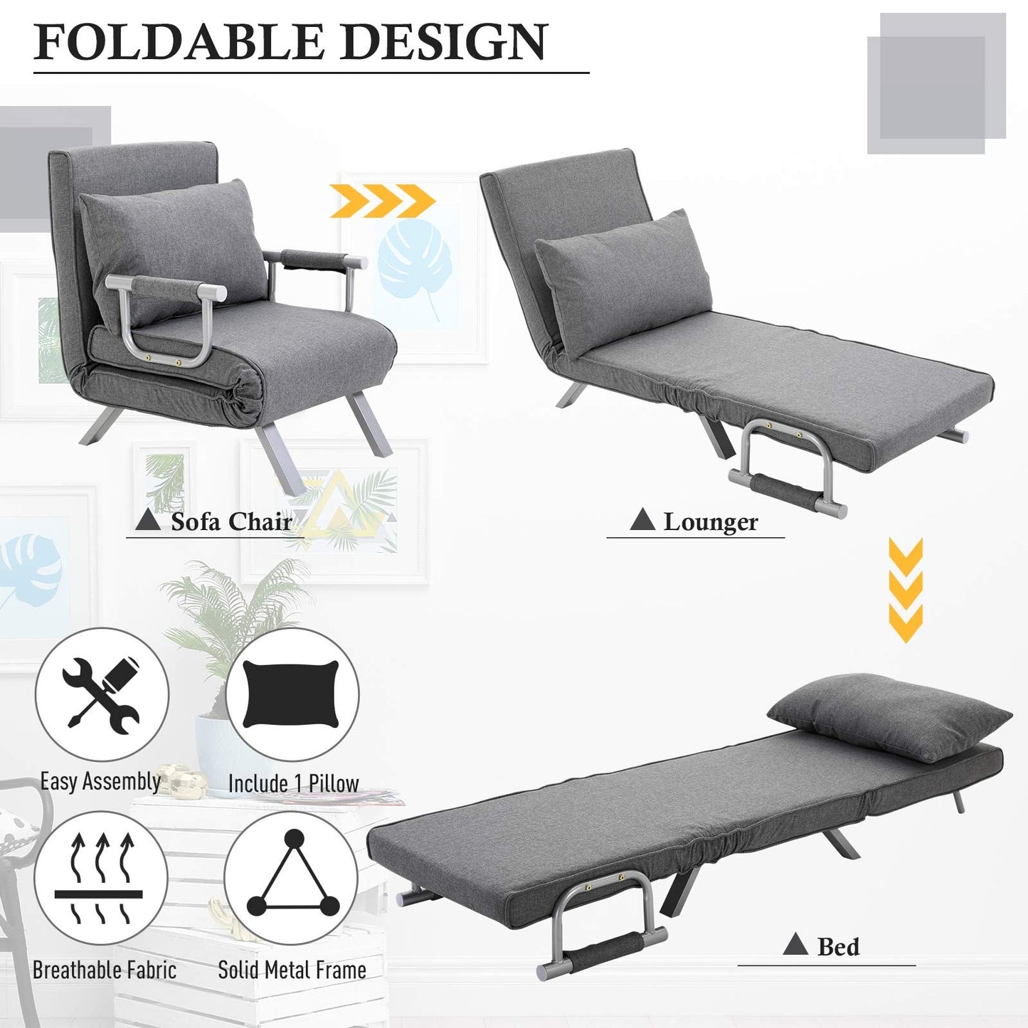 HOMCOM Single Person Folding 5 Position Convertible Sofa Bed Sleeper Chair Chaise Lounge Couch w/Pillow & Steel Frame for Home Office, Light Grey