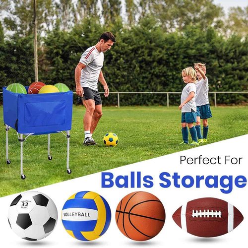 Coolcapis Volleyball Ball cart with Wheels Portable Basket Storage Cart 37in x 26in x 26in Garage Sports Equipment Organizer Volleyball Basketball Soccer Toy Blue