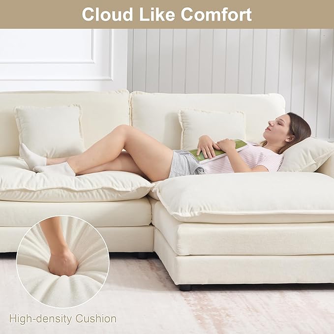 KIVENJAJA Chenille L-Shaped Modular Sectional Sofa, Modern Loveseat Comfy Deep Seat Cloud Couch with Ottoman/Chaise & 4 Pillows for Living Room Office Apartment, 76.7" W, Beige