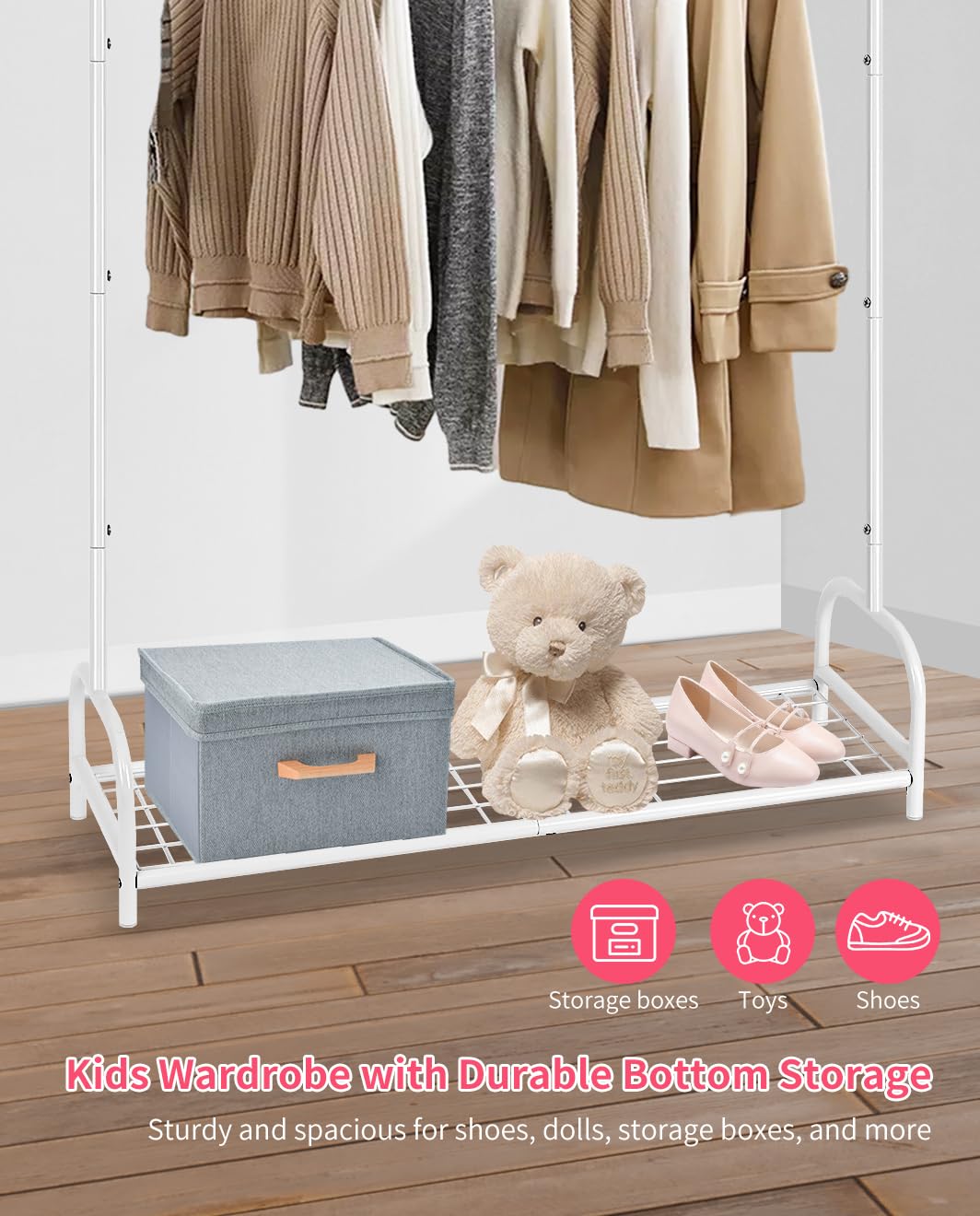 AUPSEN Kids Clothing Rack with Bottom Storage Shelf, Metal Toddler Dress Up Rack for Little Girls, Kids Dress Up Clothes Storage for Coats, Skirts, Dance Costume（White）