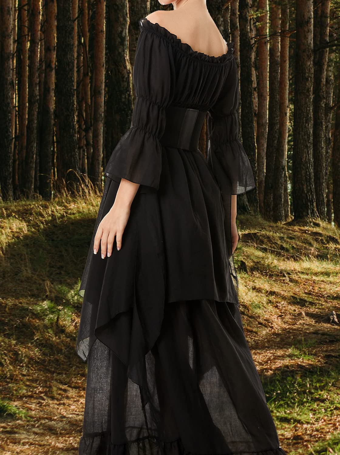BITSEACOCO Women Medieval Victorian Off Shoulder Dress, Gothic Puff Sleeve Irish Chemise Dresses, Renaissance Costume High Low Long Skirts (S, Black)