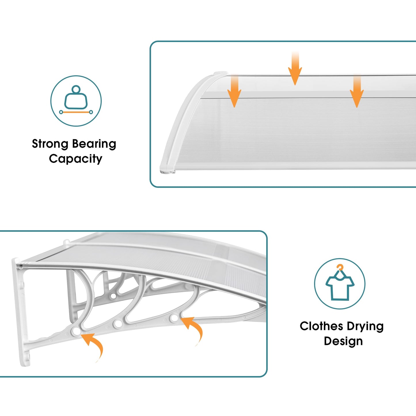 MCombo 39 x 78 inch Window Awning Outdoor Polycarbonate Front Door Patio Cover Garden Canopy 6055-4080 (40"×80") (Solid White Bracket/Clear Board)