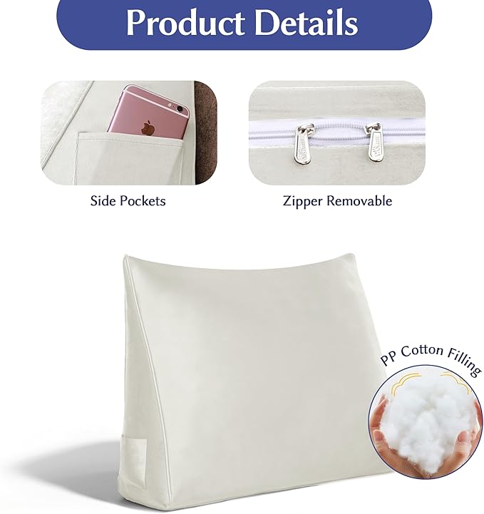 WOWMAX Back Pillow for Bed Sitting up-Bed Wedge Pillow Back Support Pillows for Bed & Sofa Couch, Velvet(100% Cotton), White