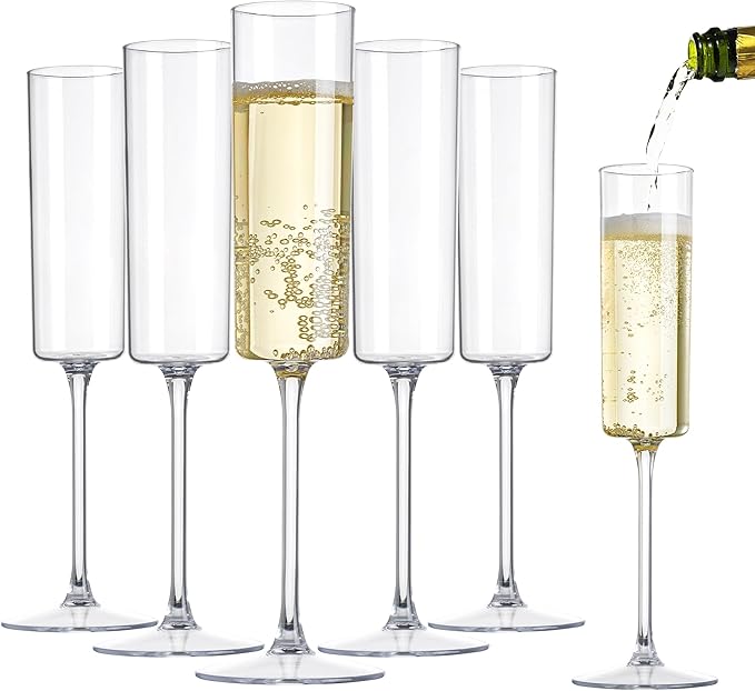Nervure 24 Pack Plastic Champagne Flutes - 6 Oz Clear Disposable Champagne Flutes - Square Plastic Toasting Glasses for Pa...